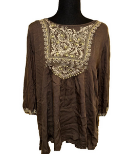 GRAY SWEET MAGNOLIA BOHO LONG SLEEVE EMBROIDERED TOP